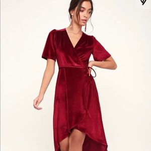Wine Red Velvet High-Low Wrap Dress